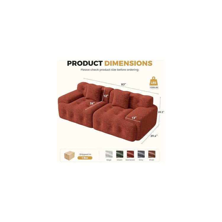 83" Boneless Loveseat Sofa in a Box, Modern Small Couch No Assembly Required, Comfy Deep Seat Cloud Couches for Living Room, Bedroom, Apartment, Red Brown1 PCS