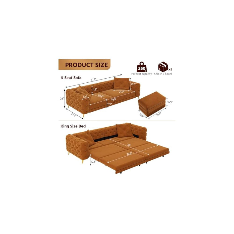 97.7" King Pull Out Sofa Bed, Velvet Chesterfield Sleeper Sofa Couch, 3 in 1 Convertible Tufted Futon Couches with Ottoman for Living Room, Small Space, Apartment, Office, Bedroom, Orange