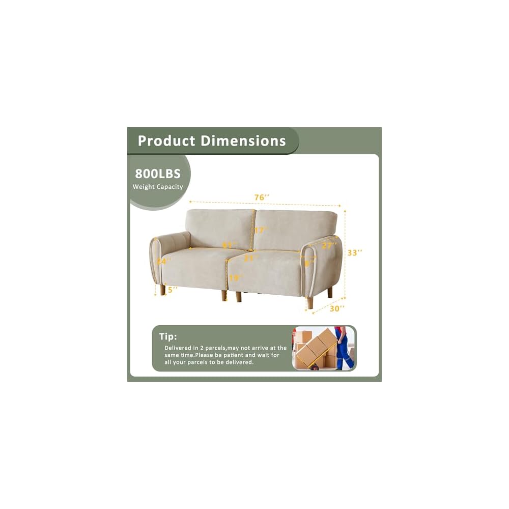 76" Modern 2-Seater Loveseat Sofa, Soft Chenille Fabric Small Couch, Compact Upholstered Loveseat for Living Room, Bedroom, Apartment, Office(Beige)