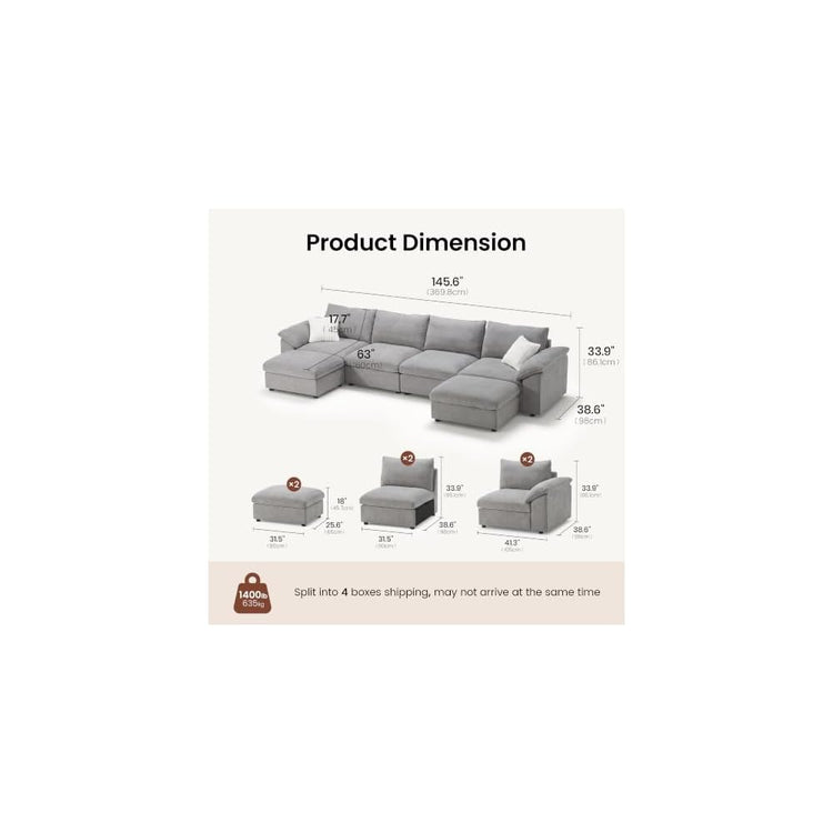ModernMate 145.6" Oversized Modular Sectional Sofa, Down Filled Cloud Couch with Storage Ottoman, U Shaped Couch with 2 Pillows, 6 Seater Sectional Couches for Living Room, Oeko-TEX Certified, Gray