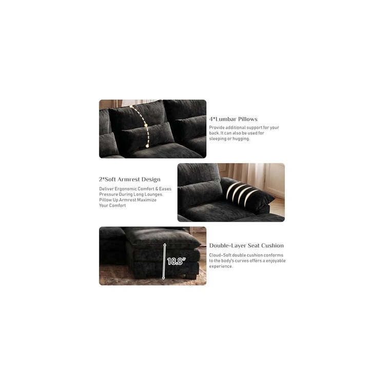 113" Cloud Couch Sectional Modular Sofa U Shaped Sectional Couches for Living Room Comfy Chenille 5 Seat Cloud Sofa Set with 4 Pillows, Chaise Lounge, Movable Ottoman, Jet Black