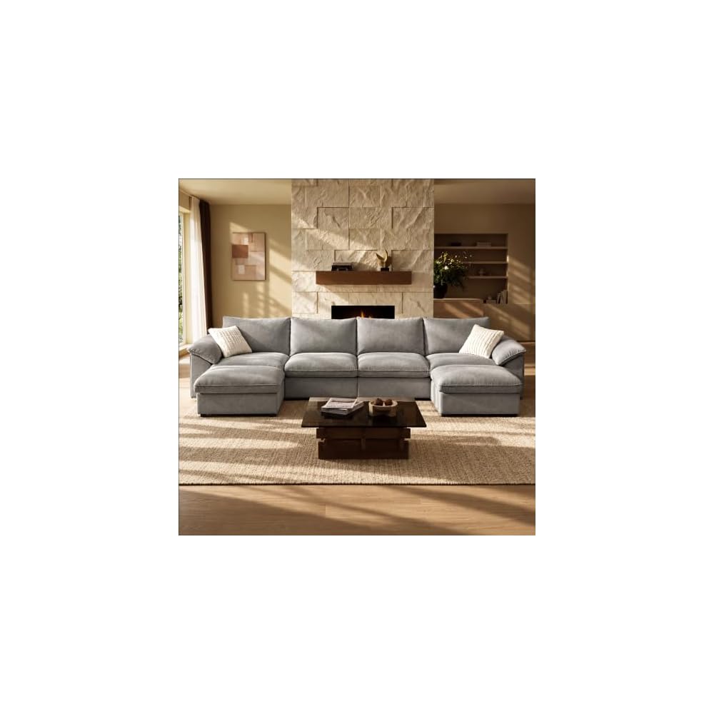 ModernMate 145.6" Oversized Modular Sectional Sofa, Down Filled Cloud Couch with Storage Ottoman, U Shaped Couch with 2 Pillows, 6 Seater Sectional Couches for Living Room, Oeko-TEX Certified, Gray