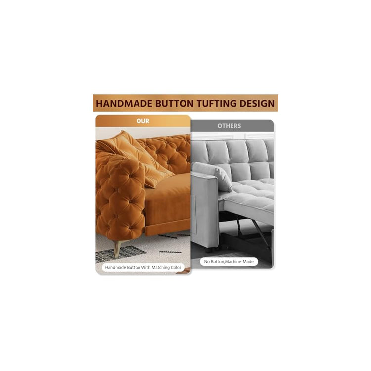 97.7" King Pull Out Sofa Bed, Velvet Chesterfield Sleeper Sofa Couch, 3 in 1 Convertible Tufted Futon Couches with Ottoman for Living Room, Small Space, Apartment, Office, Bedroom, Orange
