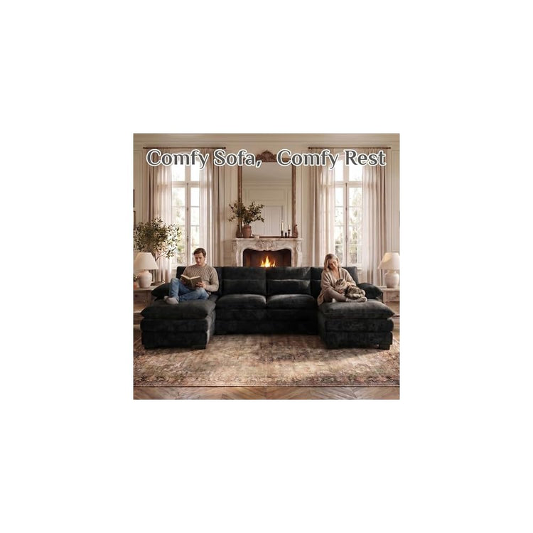 113" Cloud Couch Sectional Modular Sofa U Shaped Sectional Couches for Living Room Comfy Chenille 5 Seat Cloud Sofa Set with 4 Pillows, Chaise Lounge, Movable Ottoman, Jet Black