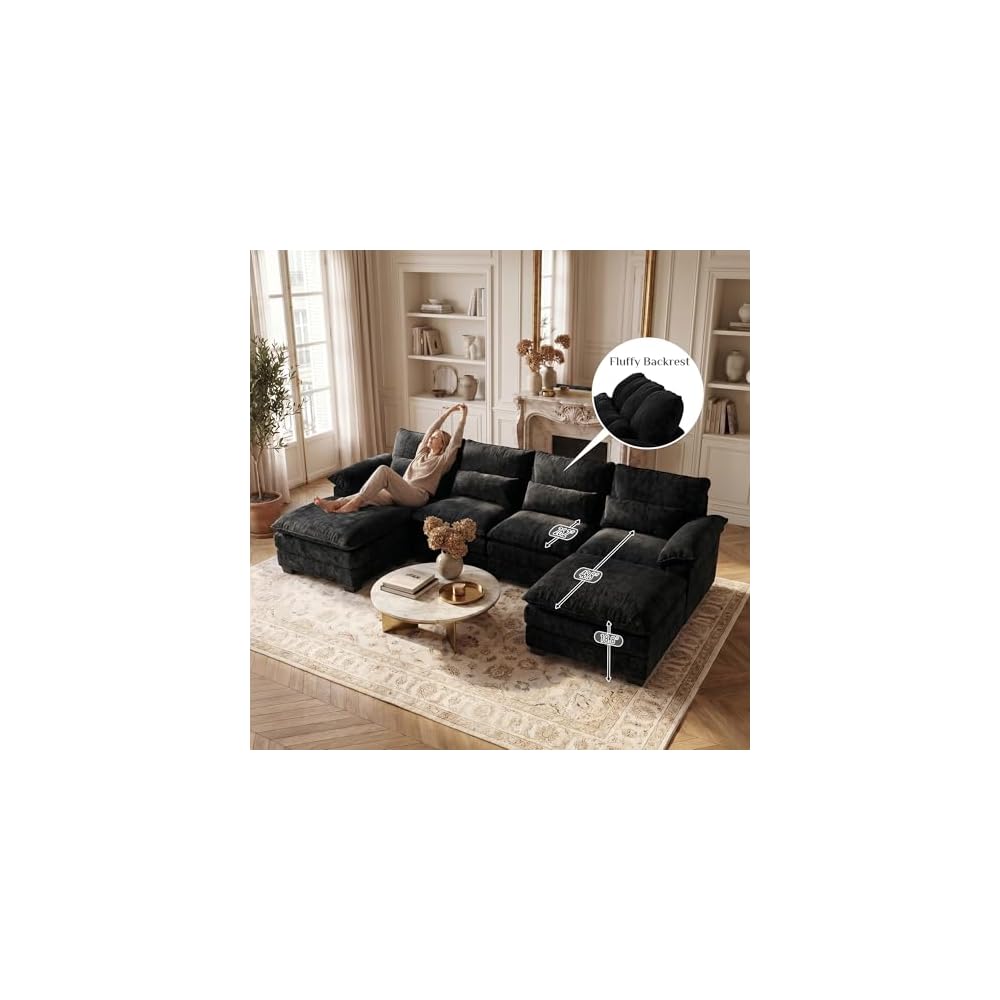 113" Cloud Couch Sectional Modular Sofa U Shaped Sectional Couches for Living Room Comfy Chenille 5 Seat Cloud Sofa Set with 4 Pillows, Chaise Lounge, Movable Ottoman, Jet Black