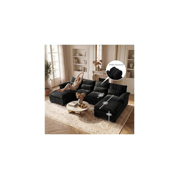113" Cloud Couch Sectional Modular Sofa U Shaped Sectional Couches for Living Room Comfy Chenille 5 Seat Cloud Sofa Set with 4 Pillows, Chaise Lounge, Movable Ottoman, Jet Black