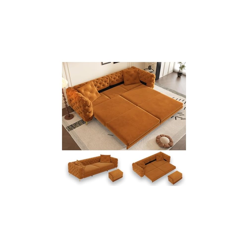 97.7" King Pull Out Sofa Bed, Velvet Chesterfield Sleeper Sofa Couch, 3 in 1 Convertible Tufted Futon Couches with Ottoman for Living Room, Small Space, Apartment, Office, Bedroom, Orange