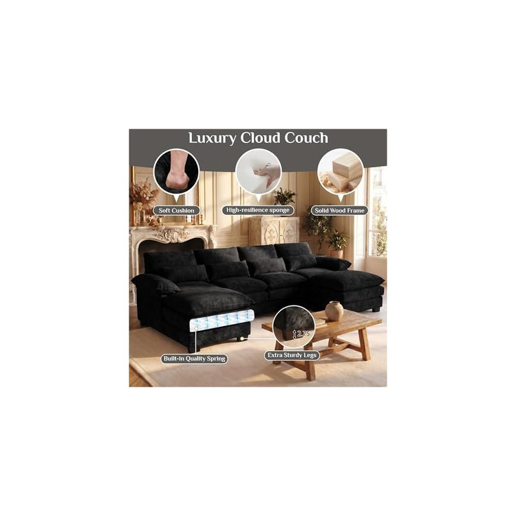 113" Cloud Couch Sectional Modular Sofa U Shaped Sectional Couches for Living Room Comfy Chenille 5 Seat Cloud Sofa Set with 4 Pillows, Chaise Lounge, Movable Ottoman, Jet Black