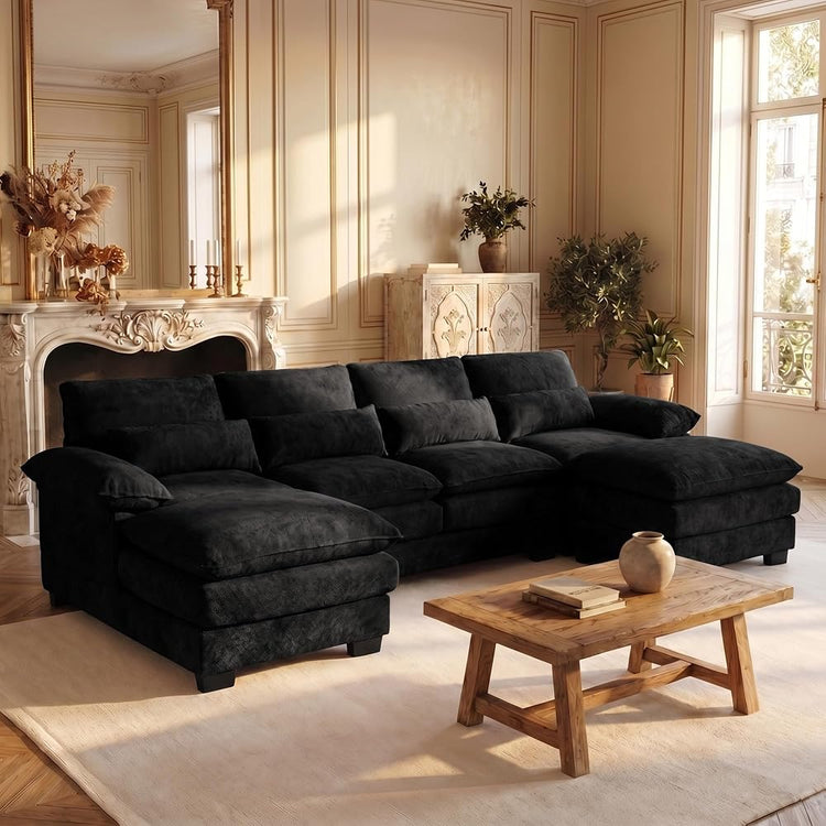 113" Cloud Couch Sectional Modular Sofa U Shaped Sectional Couches for Living Room Comfy Chenille 5 Seat Cloud Sofa Set with 4 Pillows, Chaise Lounge, Movable Ottoman, Jet Black