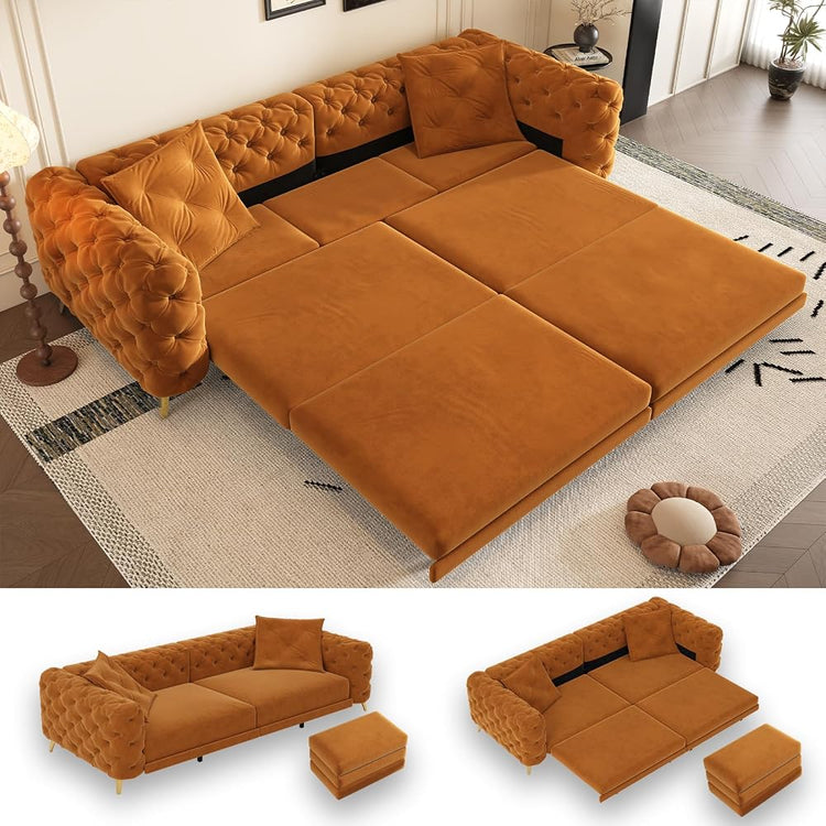 97.7" King Pull Out Sofa Bed, Velvet Chesterfield Sleeper Sofa Couch, 3 in 1 Convertible Tufted Futon Couches with Ottoman for Living Room, Small Space, Apartment, Office, Bedroom, Orange