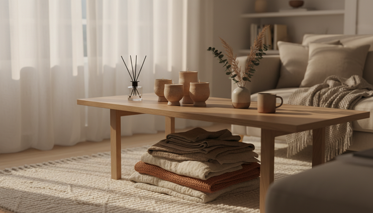 A wooden coffee table with ceramic cups and stacked knitted blankets