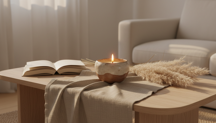 A lit candle on a side table beside a soft armchair